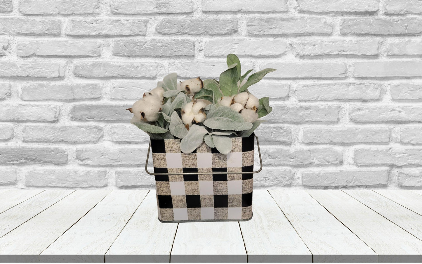 Large Plaid Metal Container with Lambs Ear and Cotton - Container, Soft