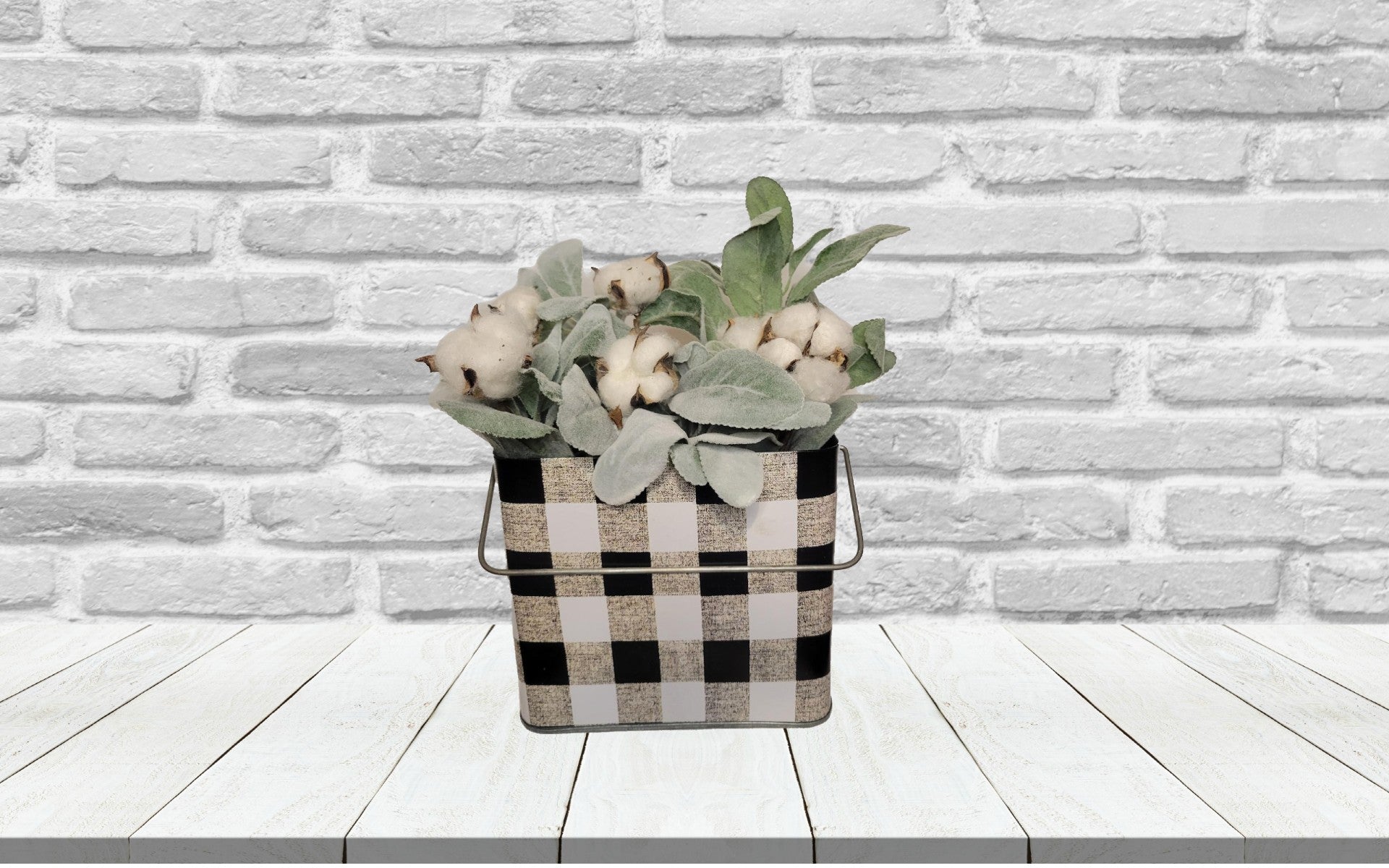 Large Plaid Metal Container with Lambs Ear and Cotton - Container, Soft