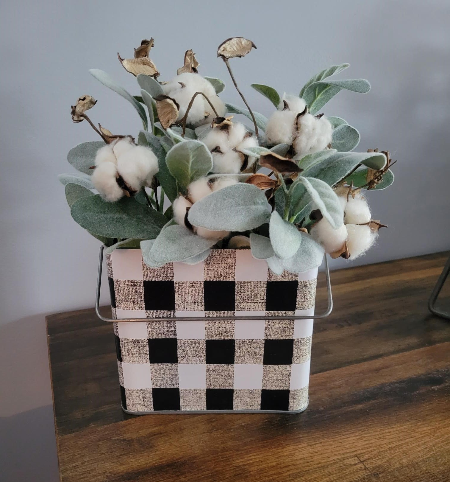 Large Plaid Metal Container with Lambs Ear and Cotton - Container, Soft