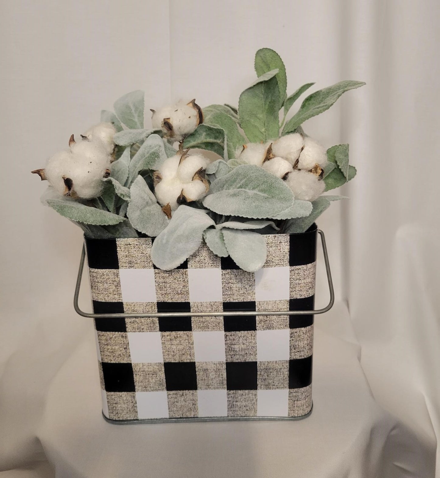 Large Plaid Metal Container with Lambs Ear and Cotton - Container, Soft