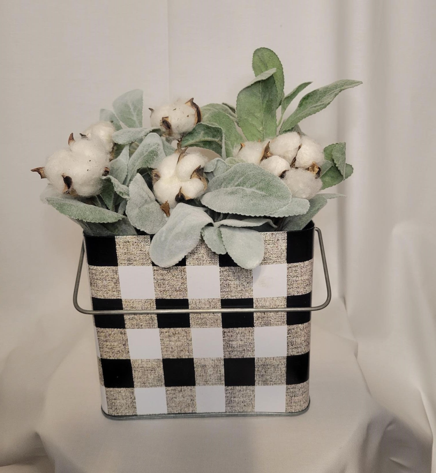 Large Plaid Metal Container with Lambs Ear and Cotton - Container, Soft