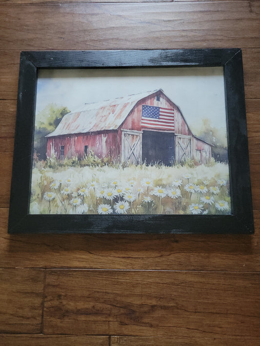 Patriotic Red Barn Watercolor Wall Art – American Flag Farmhouse Decor – Rustic Daisy Field Landscape – Framed Country Americana Art – Black Wood Frame