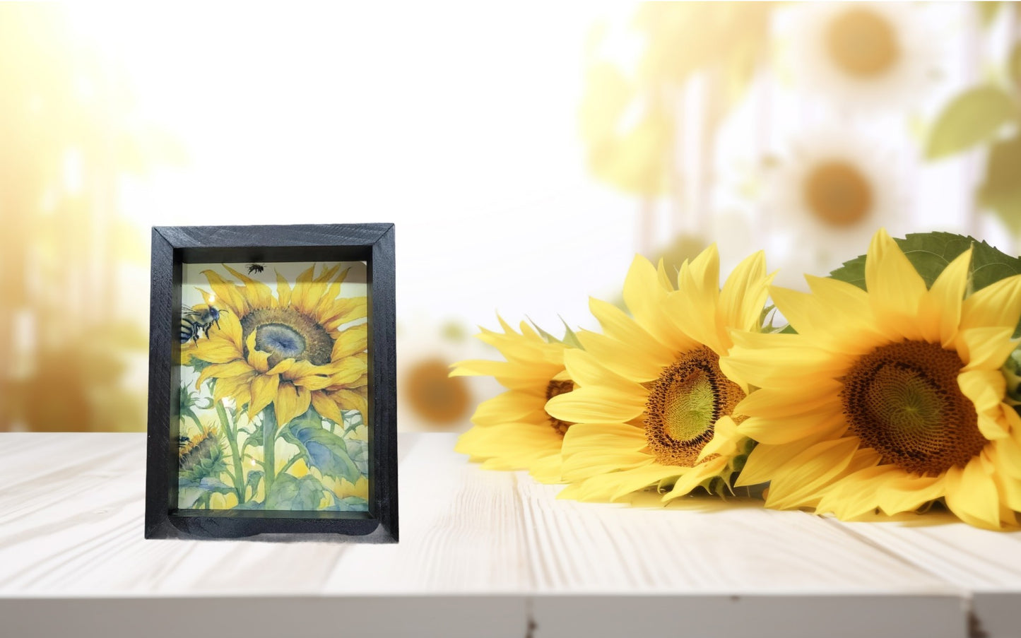Framed Sunflower Art with Bees – 8x10 Shadow Box Décor