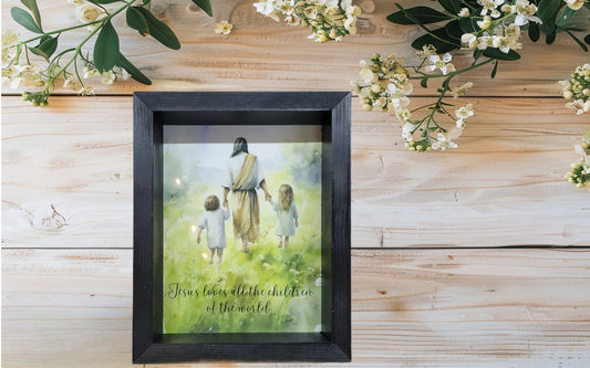 Jesus Loves All the Children of the World Framed Wall Art – Watercolor Christian Shadow Box Decor – Religious Nursery & Kids Room Gift – 8x10 Black Wood Frame