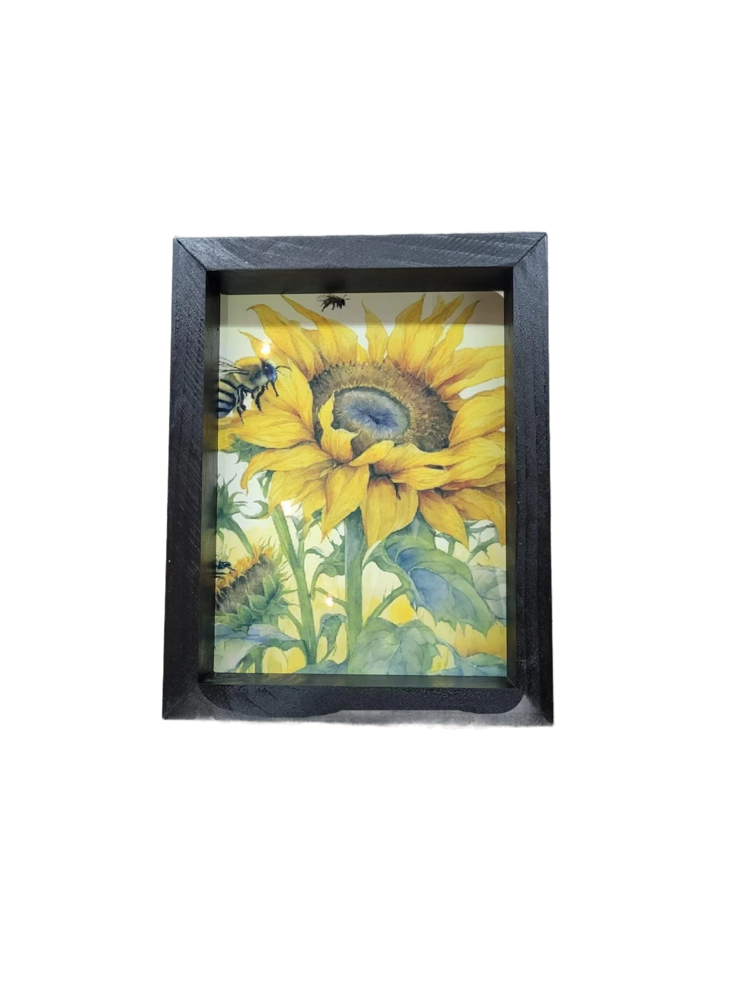 Framed Sunflower Art with Bees – 8x10 Shadow Box Décor