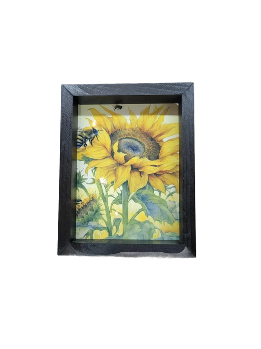 Framed Sunflower Art with Bees – 8x10 Shadow Box Décor