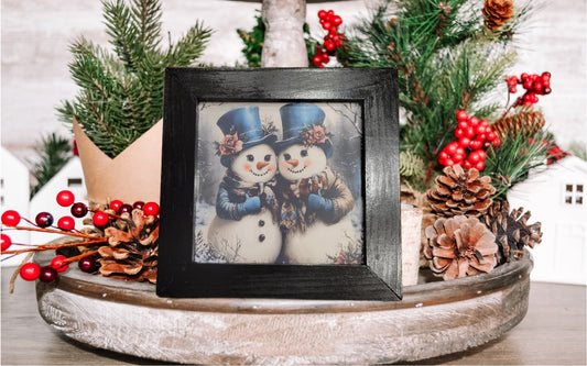 Charming Snowman Couple Framed Art - Winter Holiday Decor