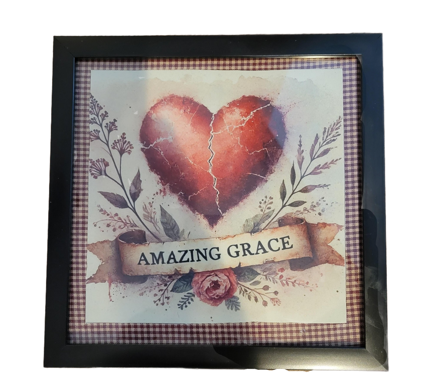 Amazing Grace" Framed Wall Art – Rustic Heart & Floral Design (8x8 Inch)