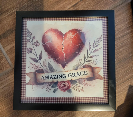 Amazing Grace" Framed Wall Art – Rustic Heart & Floral Design (8x8 Inch)
