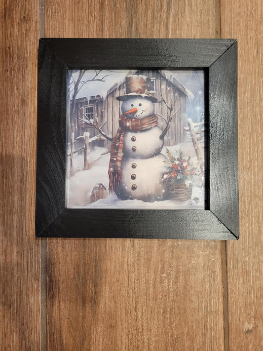 Framed Snowman Winter Scene Art - Rustic Christmas Wall Decor