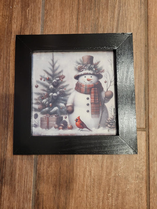Framed Snowman Witner Scene Art - Rustic Christmas Wall Decor