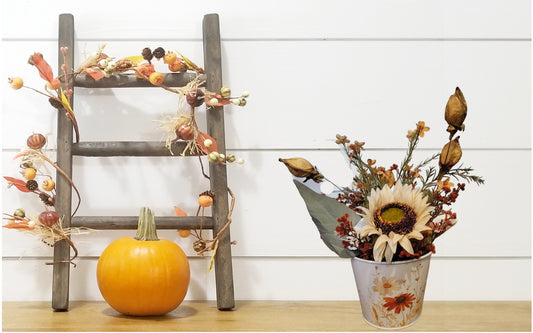 Rustic Sunflower and Dried Floral Arrangement in Decorative Tin Pot