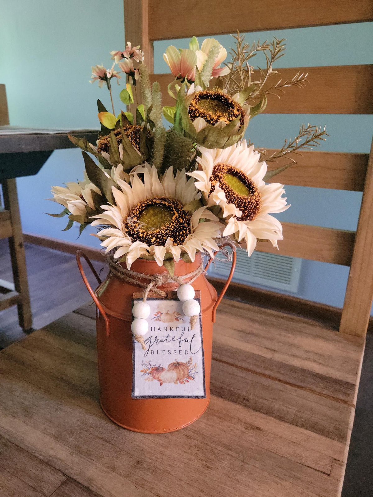 Fall Floral Milk Can Decor | Sunflower Autumn Arrangement | Grateful Blessed Farmhouse Decor | Rustic Fall Centerpiece | Thanksgiving Decor