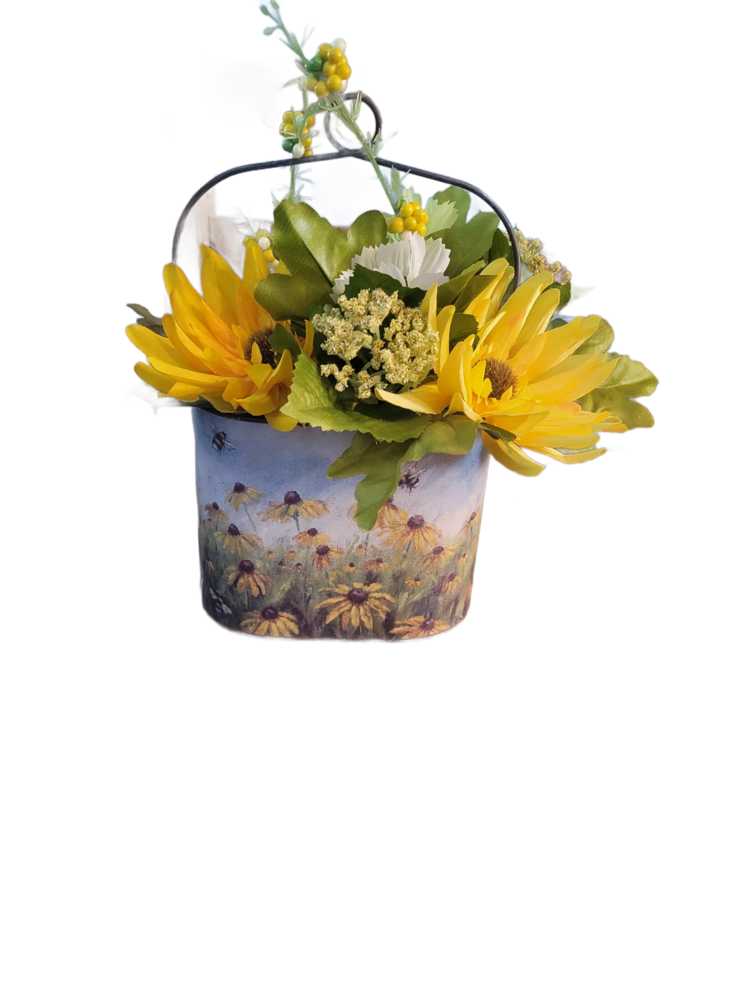 Sunflower Floral Bucket with Faux Yellow Flowers – Rustic Farmhouse Tabletop Decor