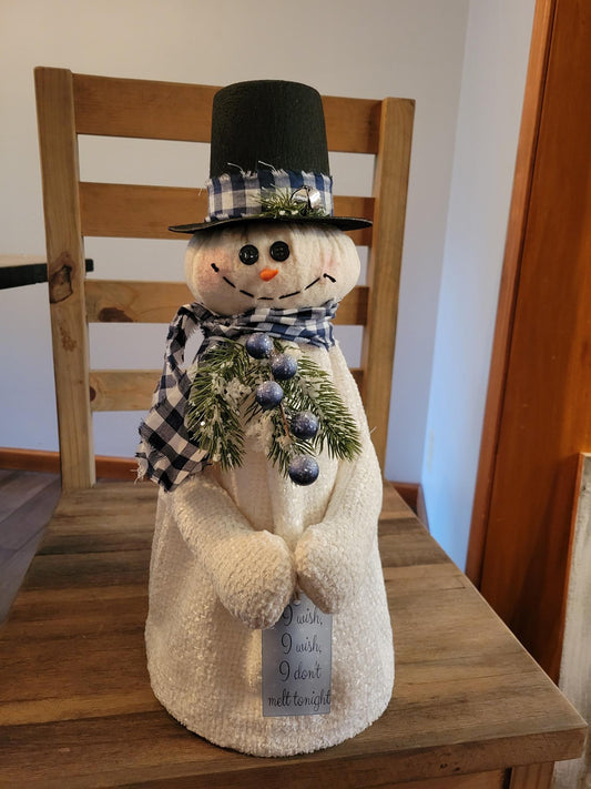 Handmade Snowman Decor with Plaid Scarf and Top Hat – "I Wish I Don't Melt" Sign