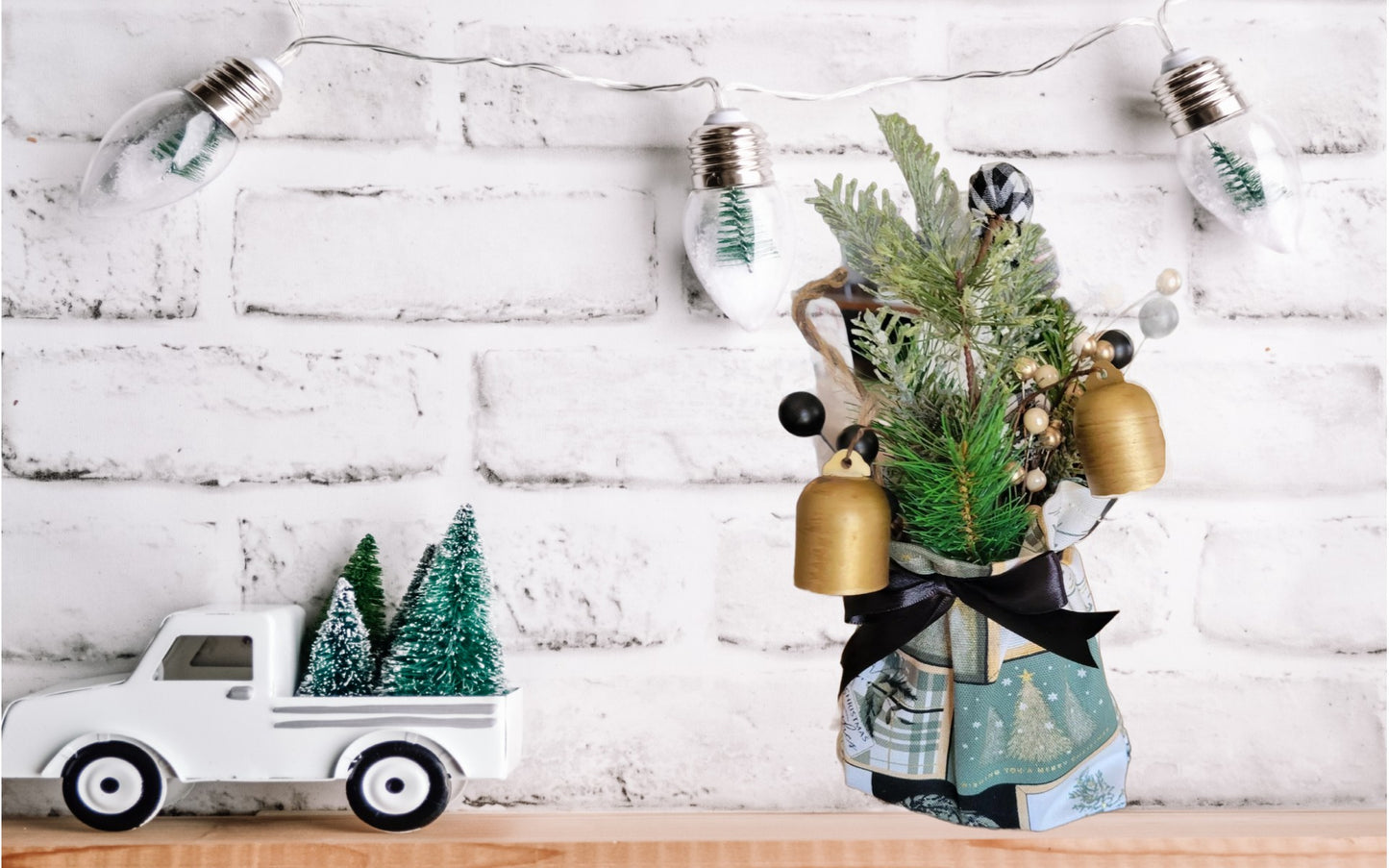 Christmas Bell with Greenery – Rustic Holiday Decor Bag with Gold Bells and Faux Pine, Farmhouse Winter Decoration