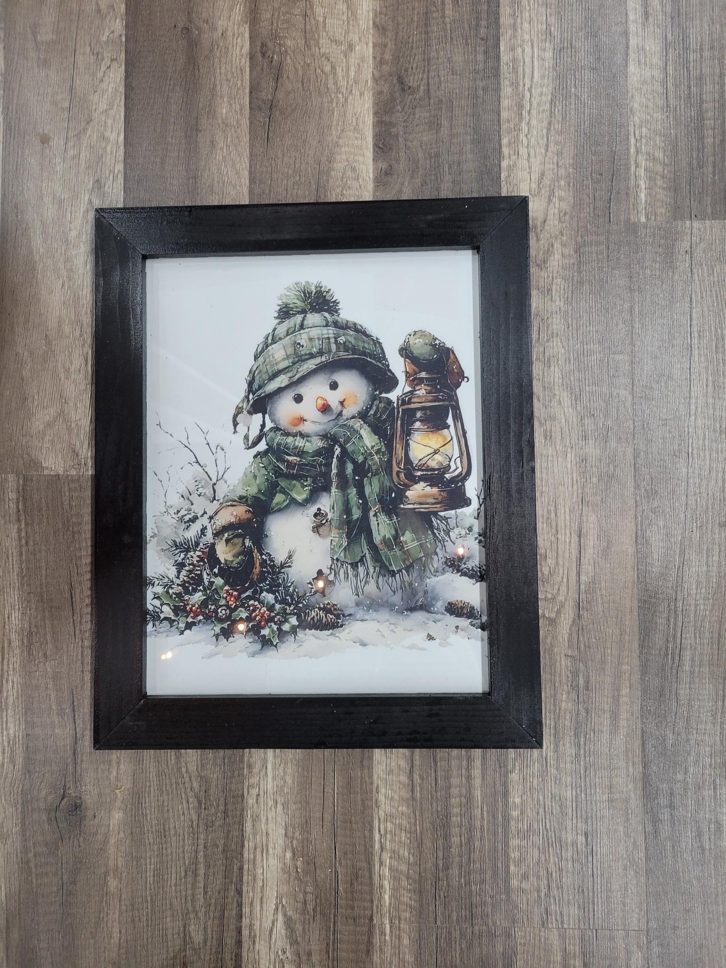 Framed Snowman Winter Wall Art with Lantern – Rustic Christmas Snowman Decor, Farmhouse Holiday Wall Hanging