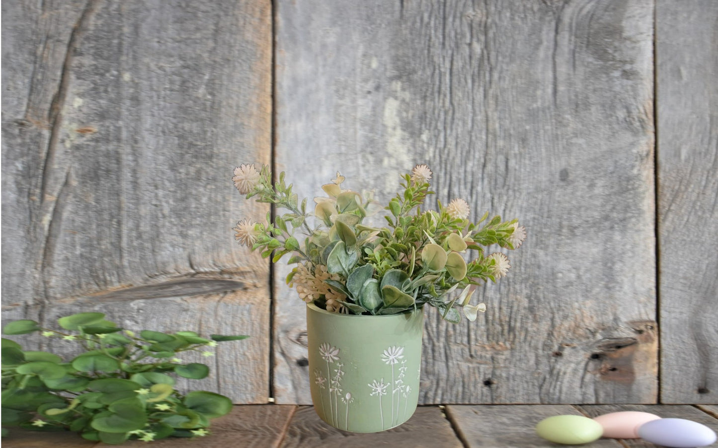 Green Floral Planter with Faux White Flowers – Decorative Farmhouse Tabletop Pot