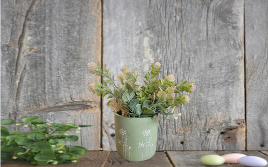 Green Floral Planter with Faux White Flowers – Decorative Farmhouse Tabletop Pot