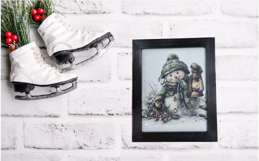 Framed Snowman Winter Wall Art with Lantern – Rustic Christmas Snowman Decor, Farmhouse Holiday Wall Hanging