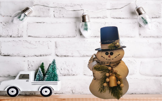 Handmade Snowman Decor with Top Hat – Rustic Christmas Snowman with Gold Bell and Greenery, Winter Holiday Home Decoration