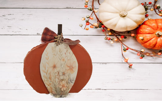 Rustic Wood Pumpkin with Floral Centerpiece and Plaid Bow – Fall Farmhouse Decor
