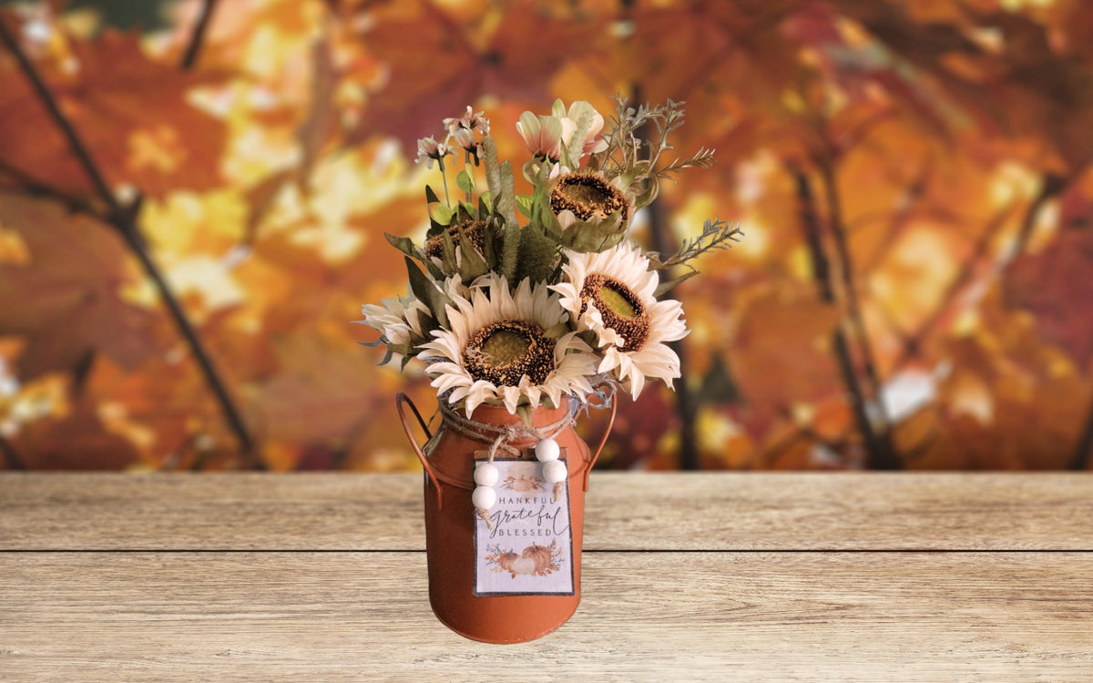 Fall Floral Milk Can Decor | Sunflower Autumn Arrangement | Grateful Blessed Farmhouse Decor | Rustic Fall Centerpiece | Thanksgiving Decor