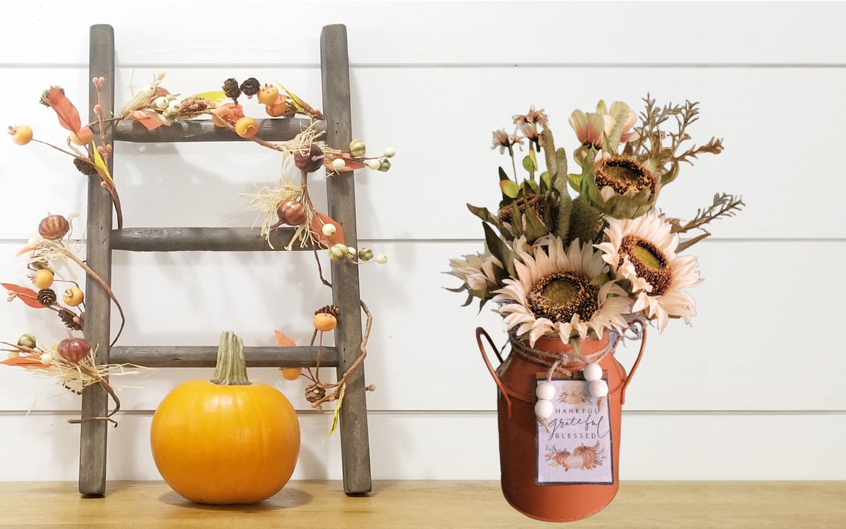 Fall Floral Milk Can Decor | Sunflower Autumn Arrangement | Grateful Blessed Farmhouse Decor | Rustic Fall Centerpiece | Thanksgiving Decor