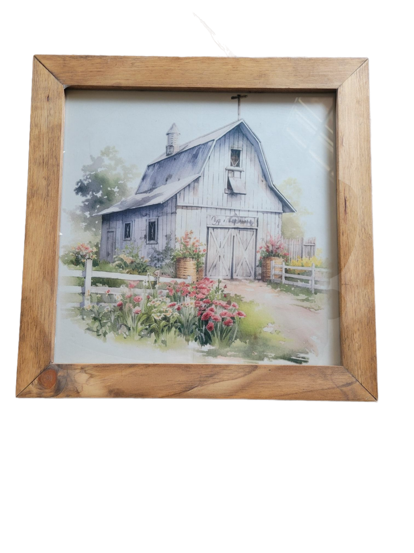 Rustic Barn with Garden Framed Wall Art – Watercolor Country Farmhouse Print