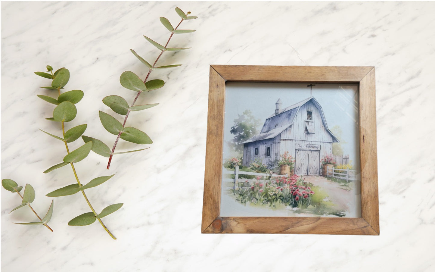 Rustic Barn with Garden Framed Wall Art – Watercolor Country Farmhouse Print