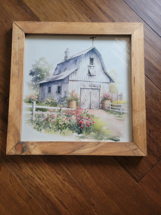 Rustic Barn with Garden Framed Wall Art – Watercolor Country Farmhouse Print