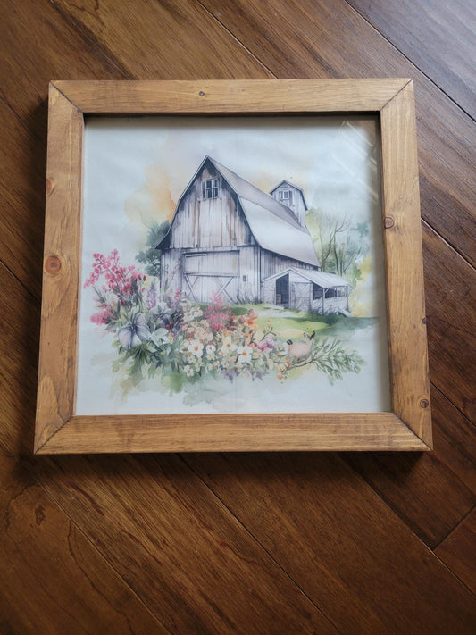 Rustic Barn Framed Wall Art – Watercolor Farmhouse Scene with Wildflowers (Wood Frame)