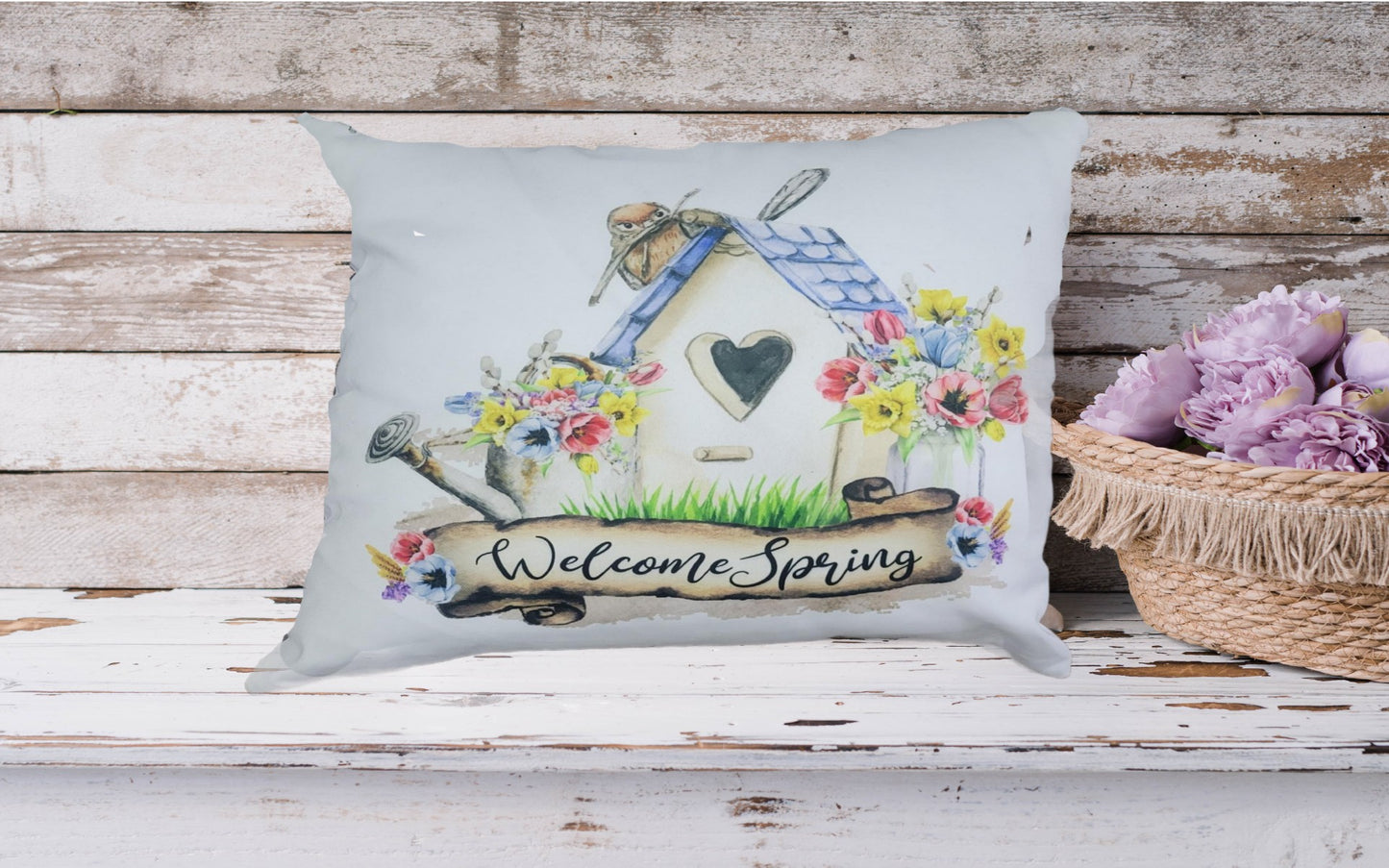 Welcome Spring" Decorative Throw Pillow – Birdhouse & Floral Watercolor Design