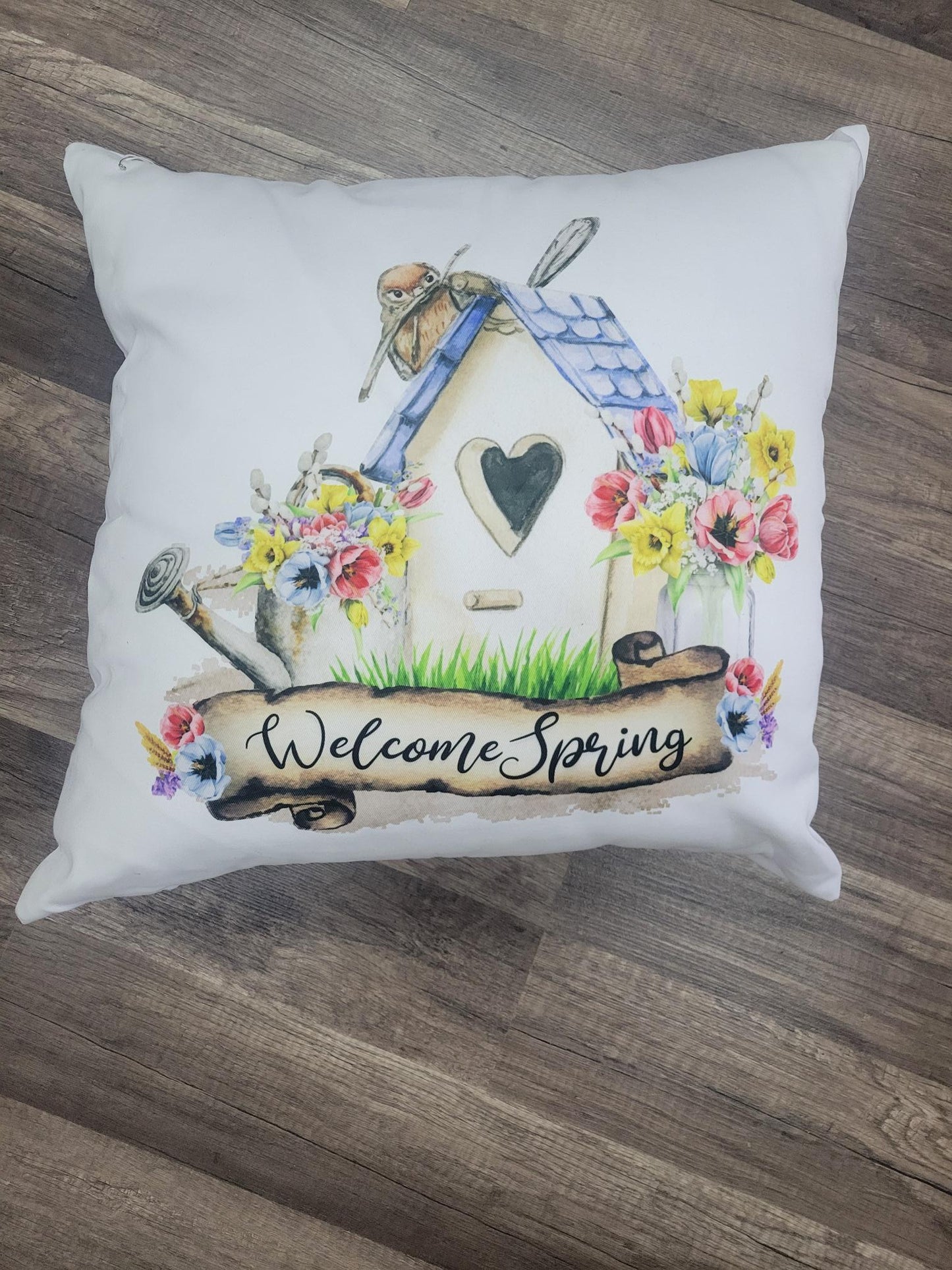Welcome Spring" Decorative Throw Pillow – Birdhouse & Floral Watercolor Design