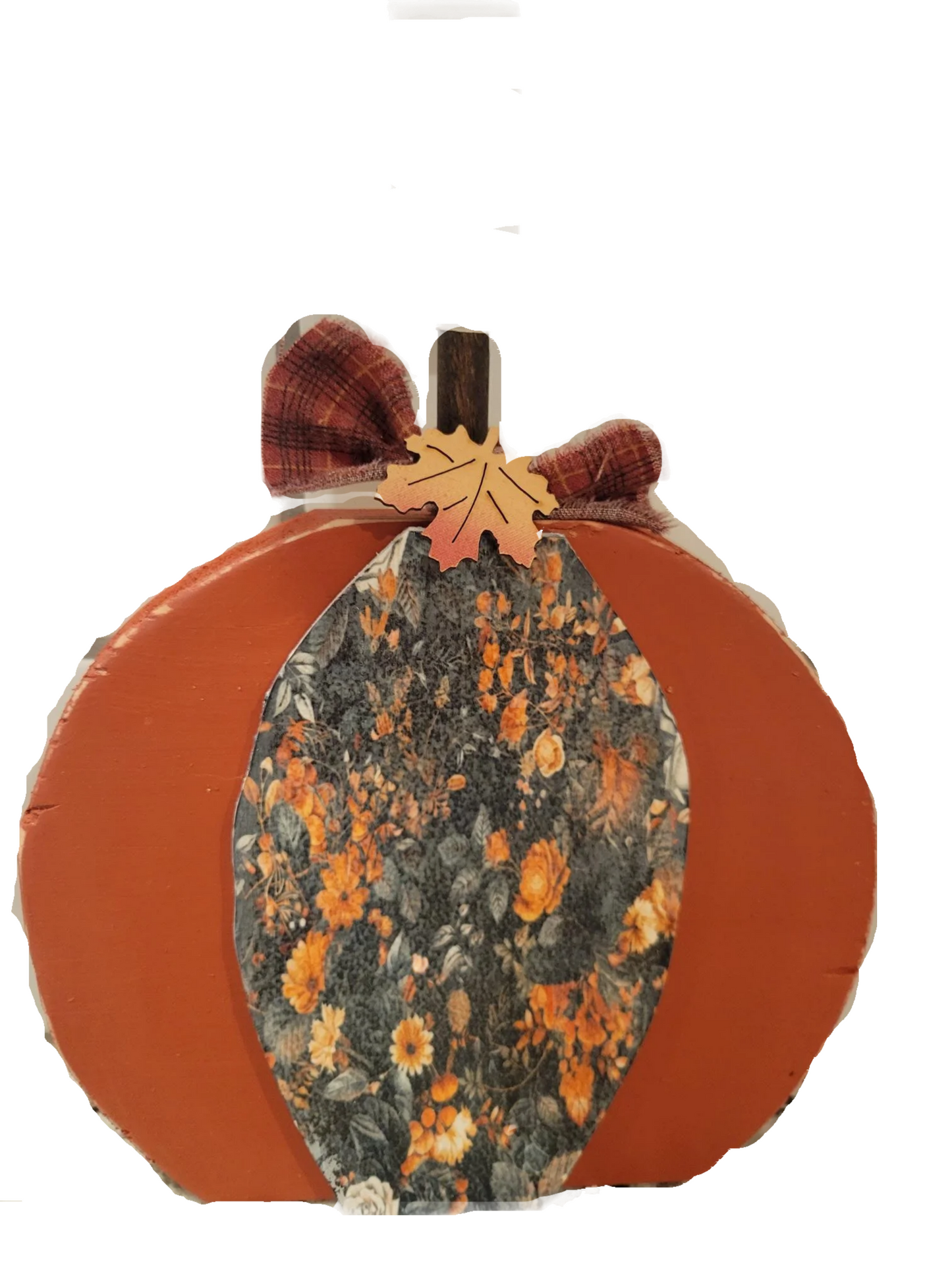 Rustic Wood Pumpkin with Floral Centerpiece and Plaid Bow – Fall Farmhouse Decor