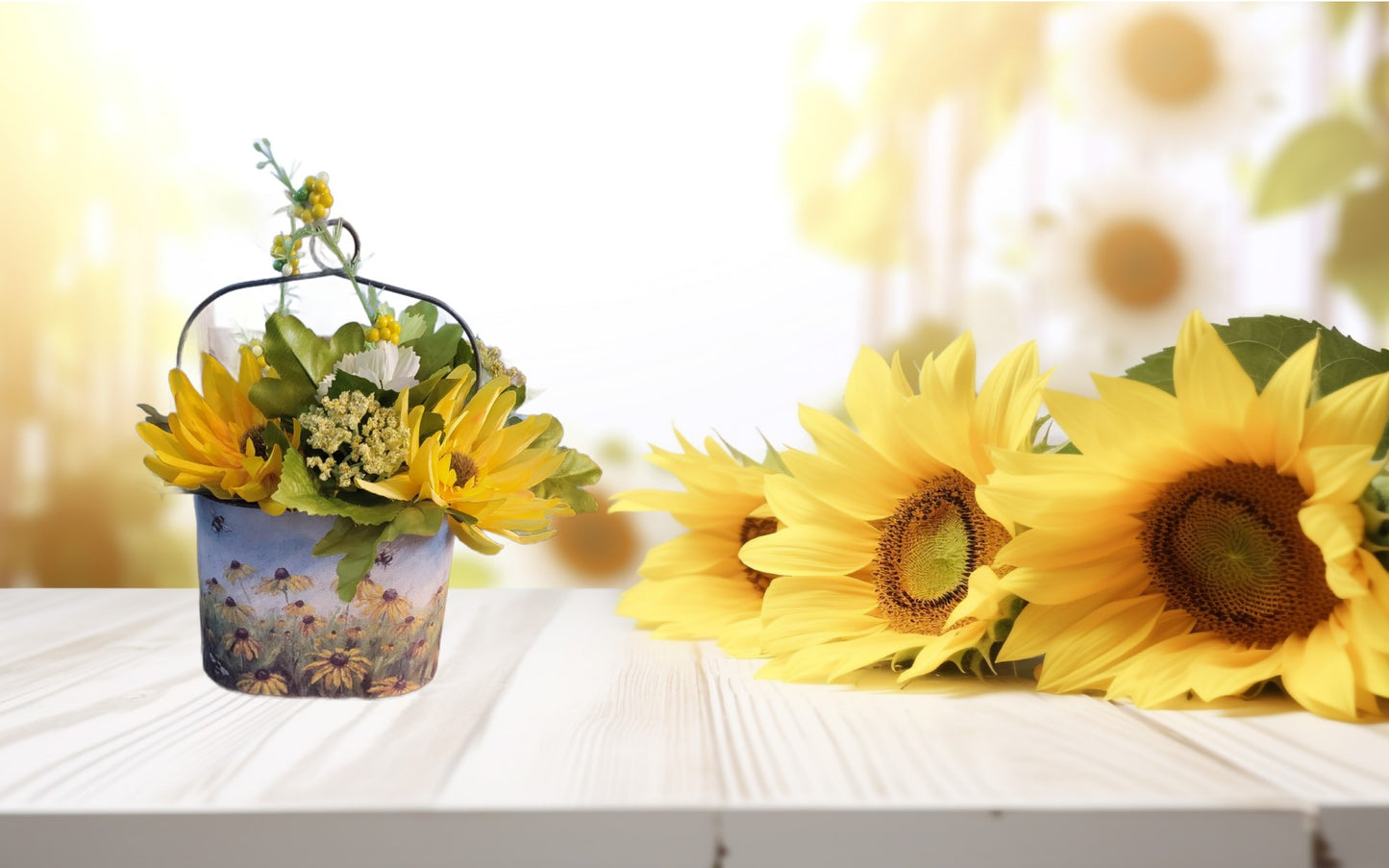 Sunflower Floral Bucket with Faux Yellow Flowers – Rustic Farmhouse Tabletop Decor