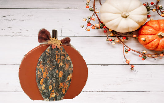 Rustic Wood Pumpkin with Floral Centerpiece and Plaid Bow – Fall Farmhouse Decor