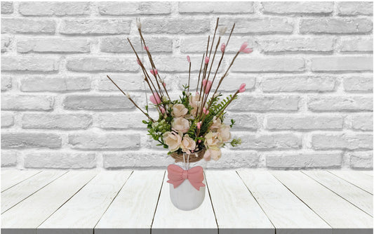 Pink Spring Floral Arrangement in Jar with Bow – Farmhouse Table Centerpiece, Cottage Home Décor, Handmade Floral Accent