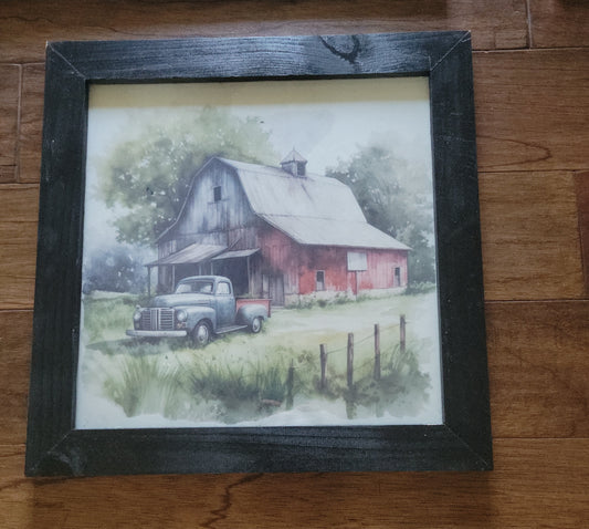 Vintage Blue Truck & Red Barn Wall Art – 14x14 Framed Watercolor Farmhouse Decor – Rustic Country Landscape Print – Antique Pickup Truck Gifts – Black Wood Frame