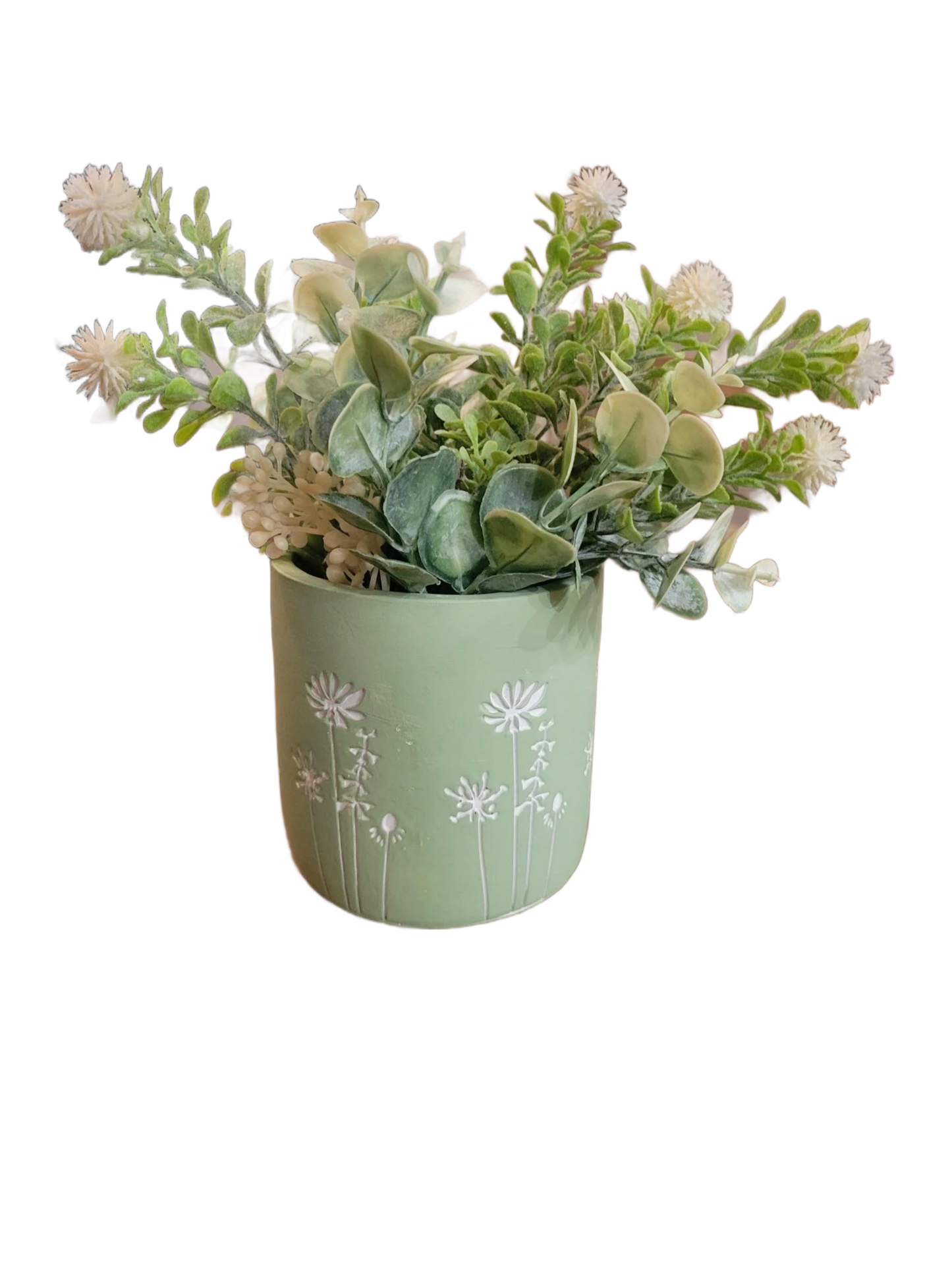 Green Floral Planter with Faux White Flowers – Decorative Farmhouse Tabletop Pot