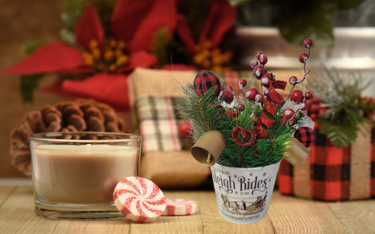 Rustic Christmas Sleigh Rides Arrangement – Holiday Table Decor with Bells, Buffalo Plaid & Red Berries – Farmhouse Winter Centerpiece