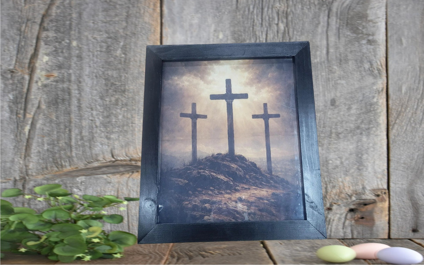 Three Crosses Wall Art – Framed Christian Decor, Golgotha Crosses Print, Religious Home Wall Decor