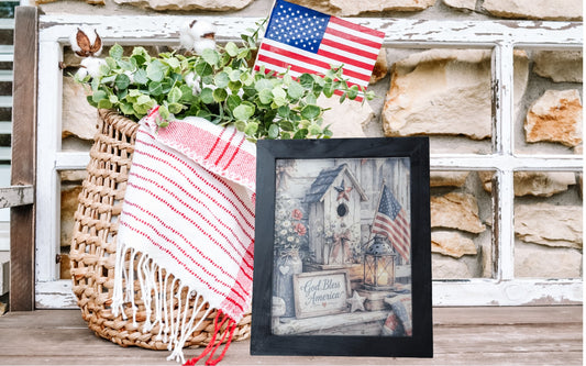 Rustic Americana Birdhouse Framed Art Print | 11x14 Patriotic Home Decor | God Bless America Sign