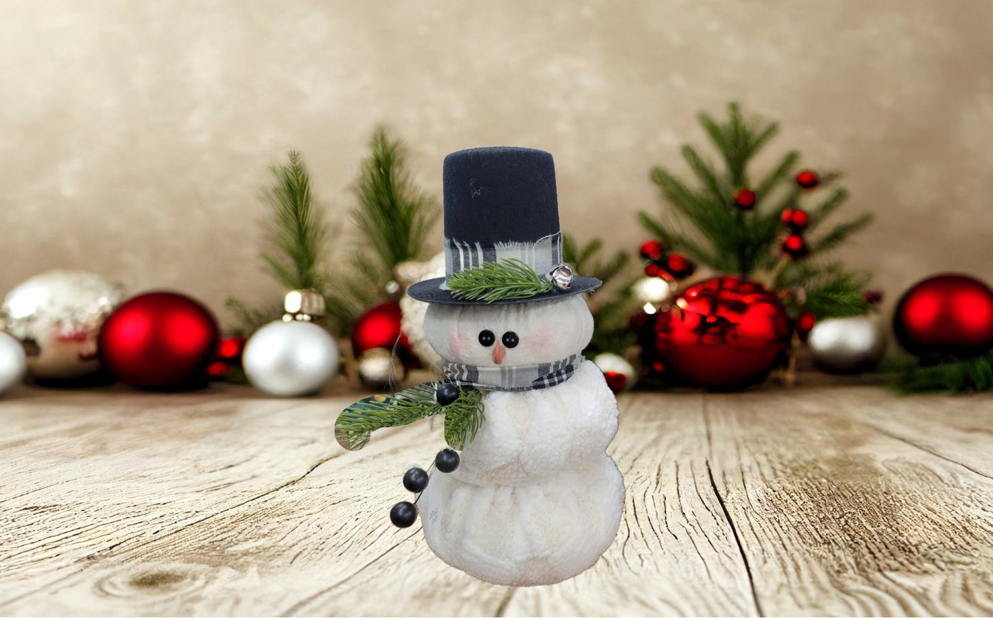 Plush Snowman Christmas Decor with Black Top Hat – Farmhouse Holiday Tabletop Decoration