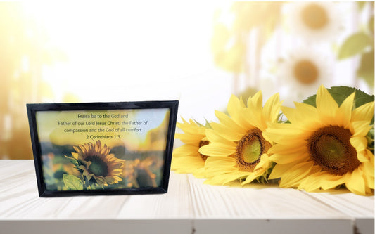 Framed Sunflower Christian Art – 2 Corinthians 1:3 Bible Verse Decor, Faith Scripture Home Décor