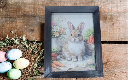 Spring Bunny Wall Art – Framed Rabbit Print with Carrots and Flowers, Easter Farmhouse Decor