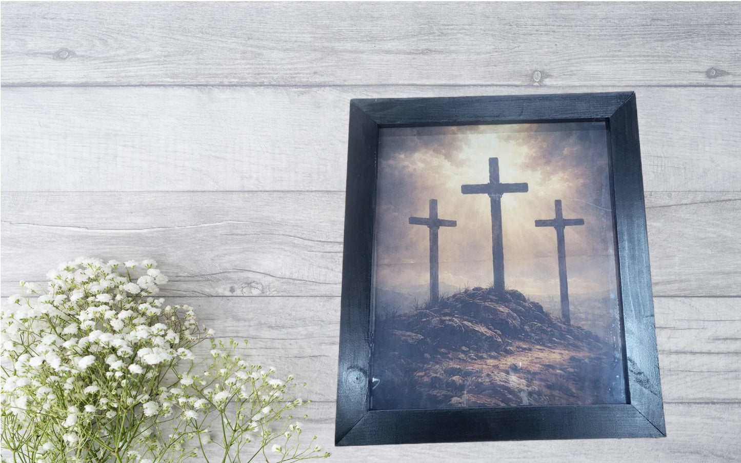 Three Crosses Wall Art – Framed Christian Decor, Golgotha Crosses Print, Religious Home Wall Decor