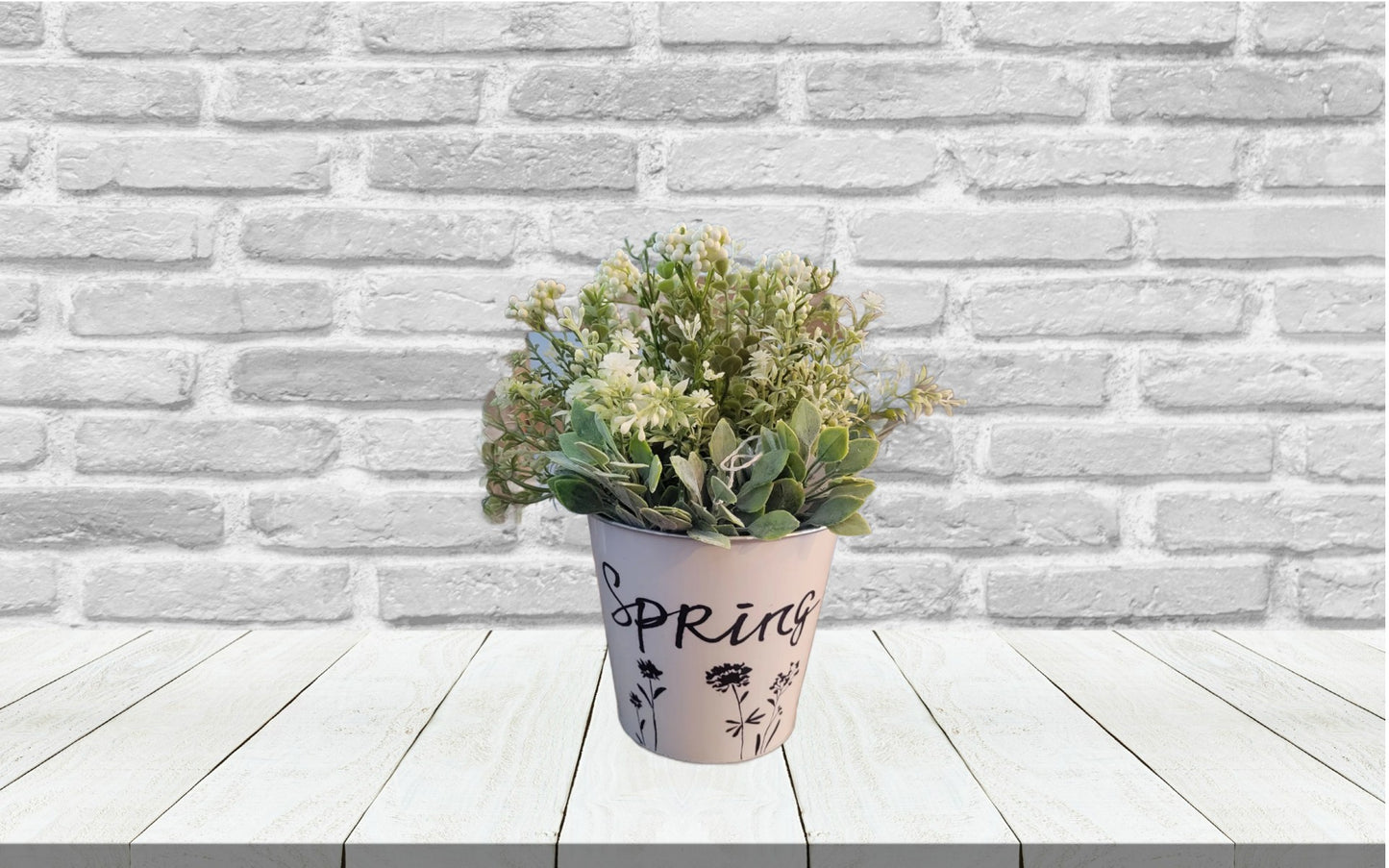 Spring Floral Decor Metal Planter with Faux Greenery – White Farmhouse Flower Pot