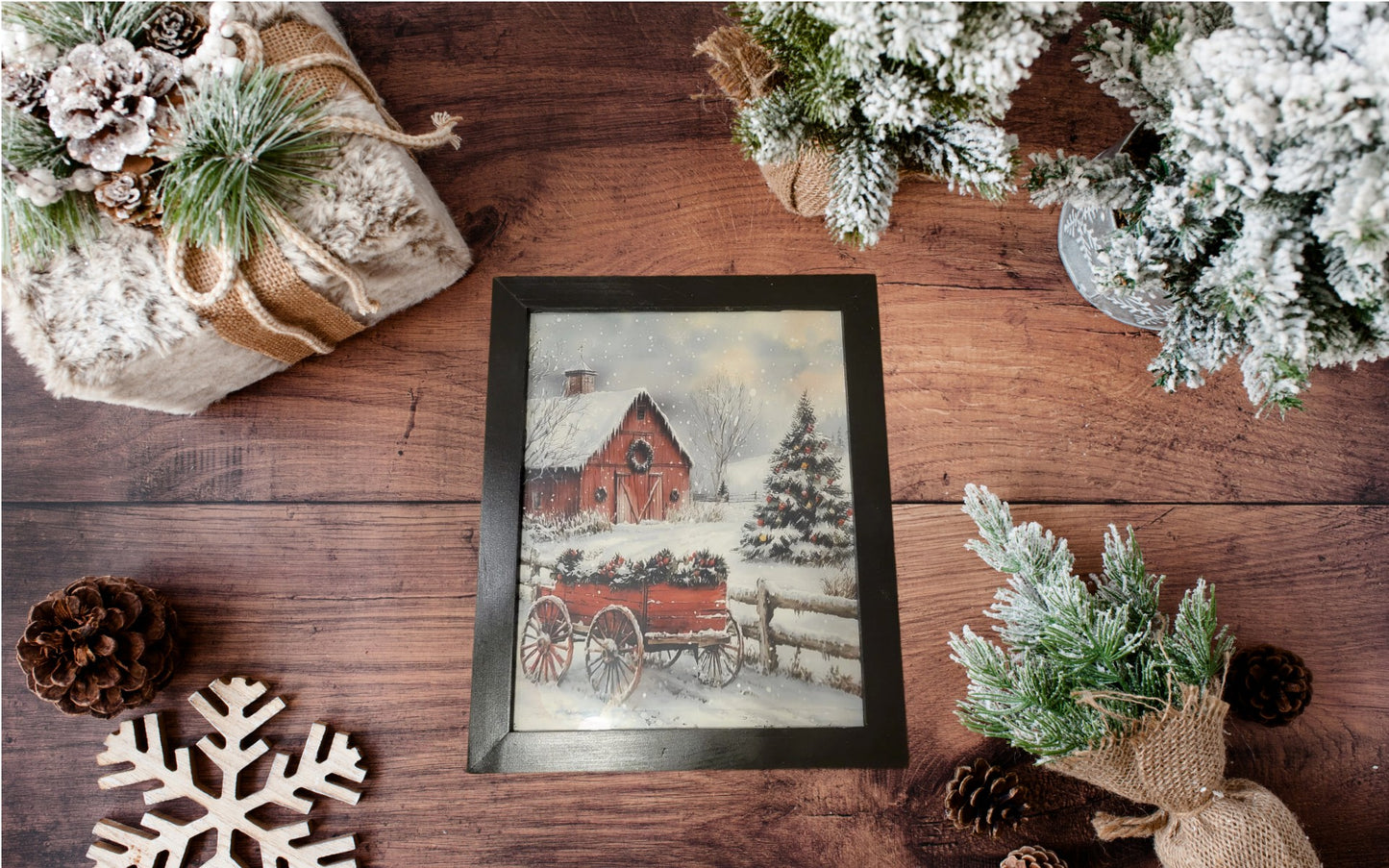 Rustic Winter Farmhouse Wall Art – Snowy Red Barn & Christmas Tree Framed Holiday Decor