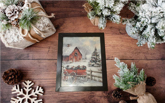 Rustic Winter Farmhouse Wall Art – Snowy Red Barn & Christmas Tree Framed Holiday Decor